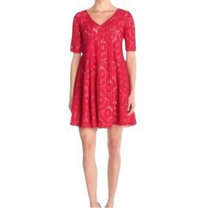 Julian Taylor A-Line Swing Lace Short Sleeve Cocktail Dress Size 10 Red Lined